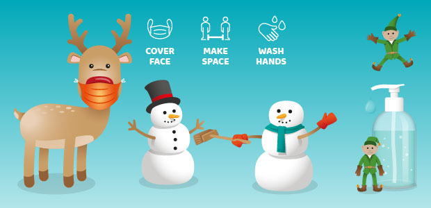 This Christmas - Shop Safe Shop Local characters - cover face - make space - wash hands